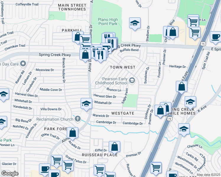 map of restaurants, bars, coffee shops, grocery stores, and more near 4000 Lonesome Trail in Plano