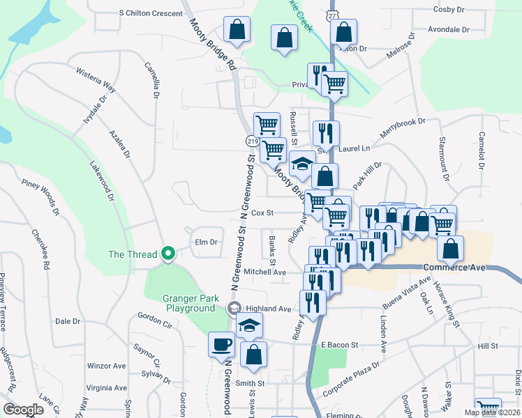 map of restaurants, bars, coffee shops, grocery stores, and more near 802 North Greenwood Street in LaGrange