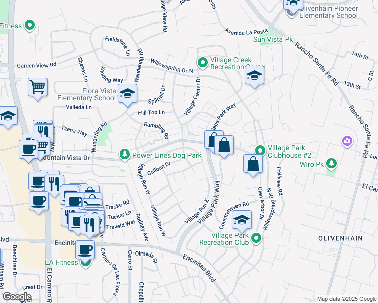 map of restaurants, bars, coffee shops, grocery stores, and more near 426 Village Run East in Encinitas