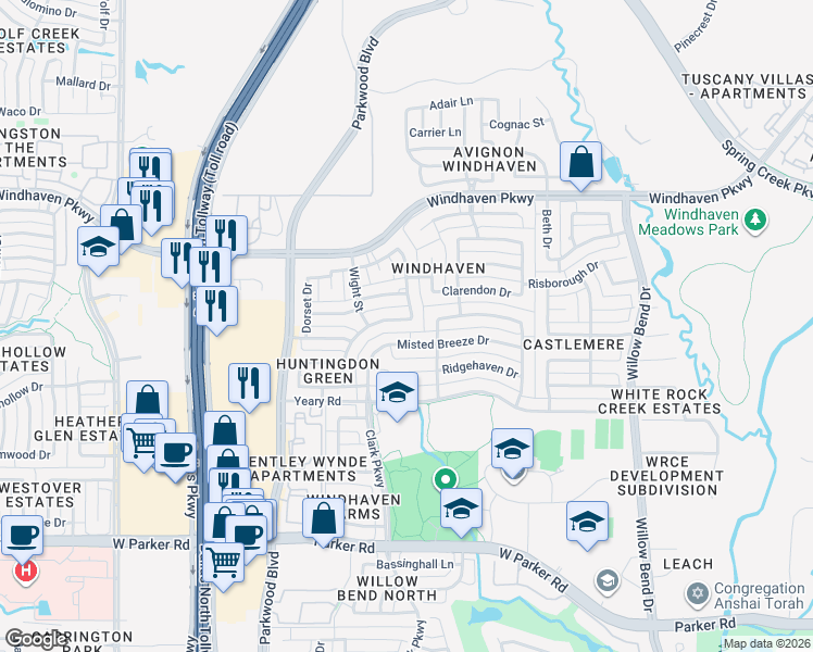 map of restaurants, bars, coffee shops, grocery stores, and more near 4040 Woodwind Drive in Plano