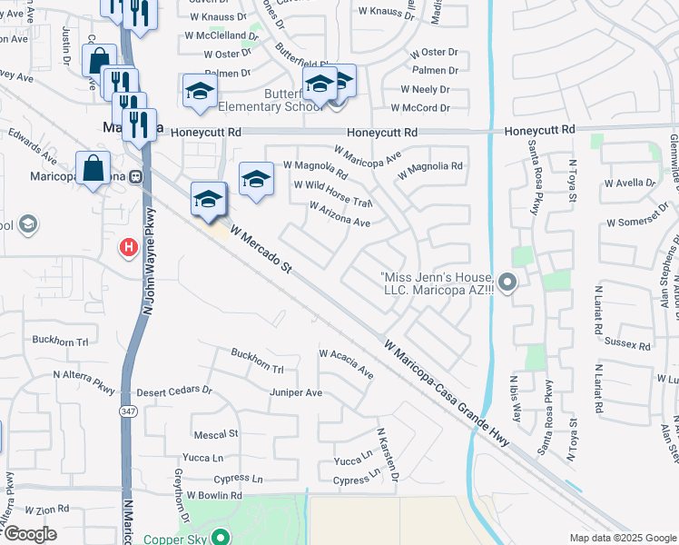 map of restaurants, bars, coffee shops, grocery stores, and more near 19032 North Kristal Lane in Maricopa