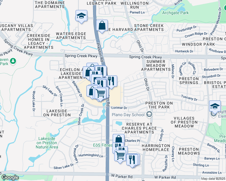 map of restaurants, bars, coffee shops, grocery stores, and more near 4040 Preston Road in Plano
