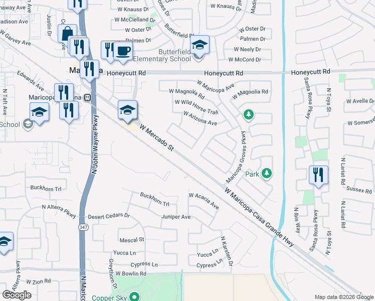map of restaurants, bars, coffee shops, grocery stores, and more near 43881 West Cowpath Road in Maricopa