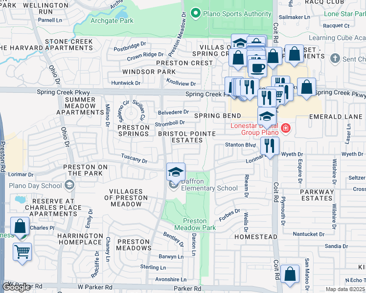map of restaurants, bars, coffee shops, grocery stores, and more near 4332 Wonderland Drive in Plano