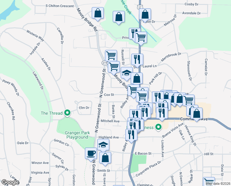 map of restaurants, bars, coffee shops, grocery stores, and more near 112 Cox Street in LaGrange