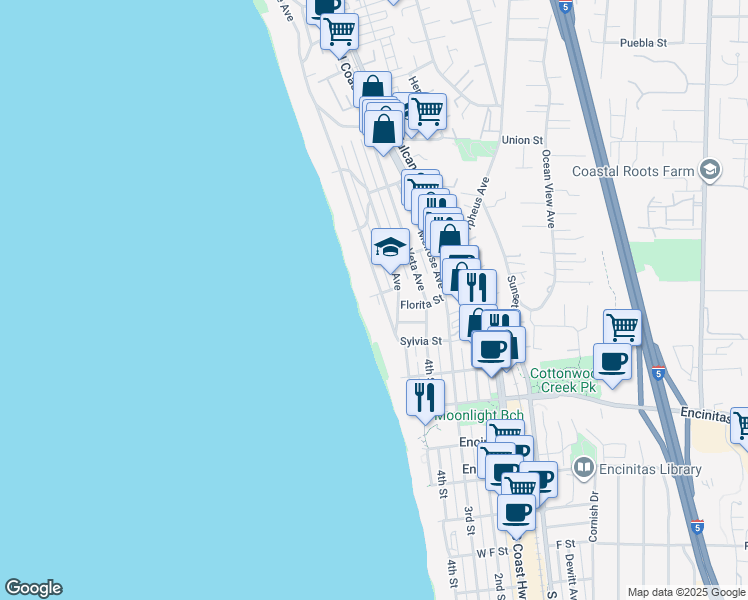 map of restaurants, bars, coffee shops, grocery stores, and more near 194 Neptune Avenue in Encinitas