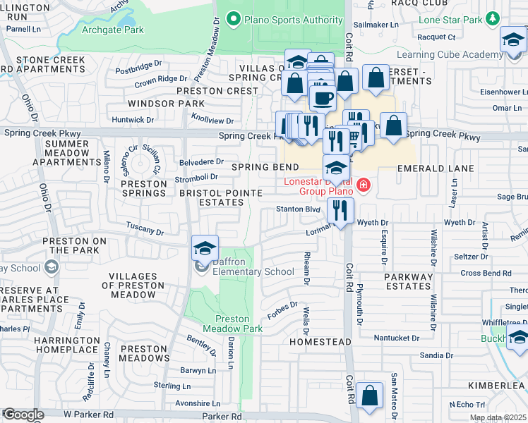 map of restaurants, bars, coffee shops, grocery stores, and more near 4048 Stanton Boulevard in Plano