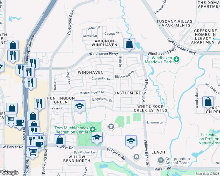 map of restaurants, bars, coffee shops, grocery stores, and more near 5704 Meadowhaven Dr in Plano