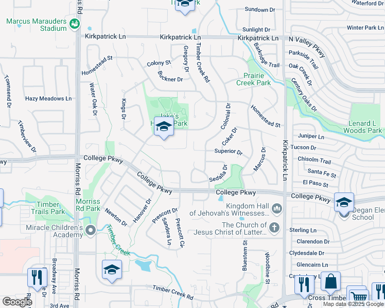 map of restaurants, bars, coffee shops, grocery stores, and more near 1517 Superior Place in Flower Mound