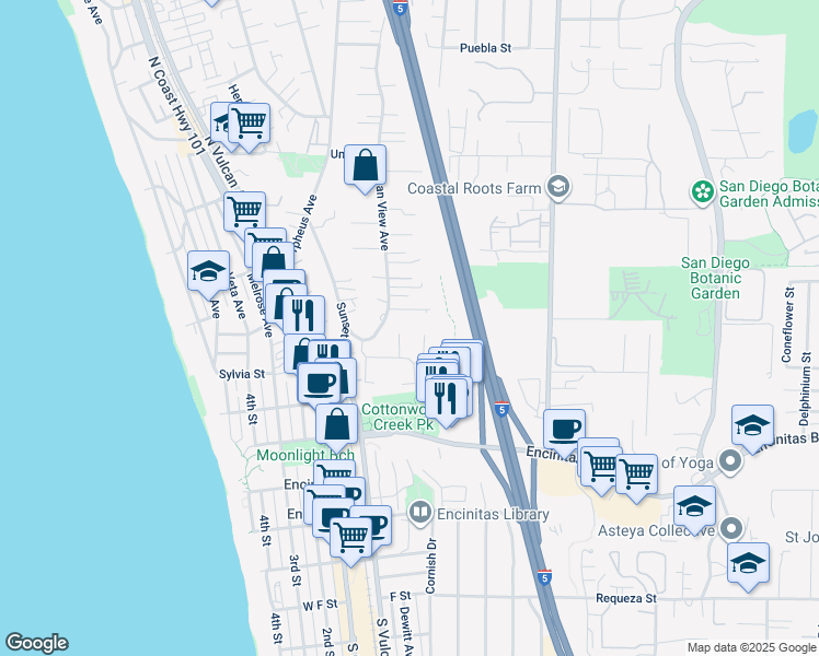 map of restaurants, bars, coffee shops, grocery stores, and more near 303 Via Julita in Encinitas