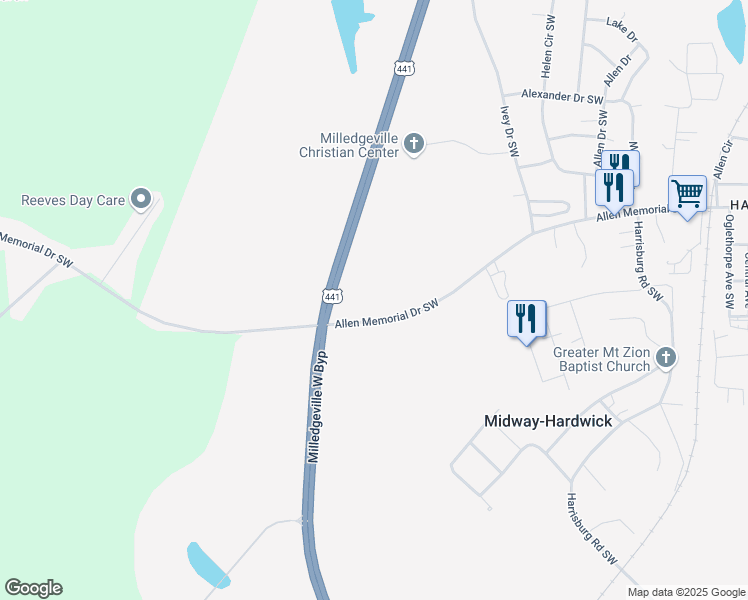 map of restaurants, bars, coffee shops, grocery stores, and more near 266 Allen Memorial Drive Southwest in Milledgeville