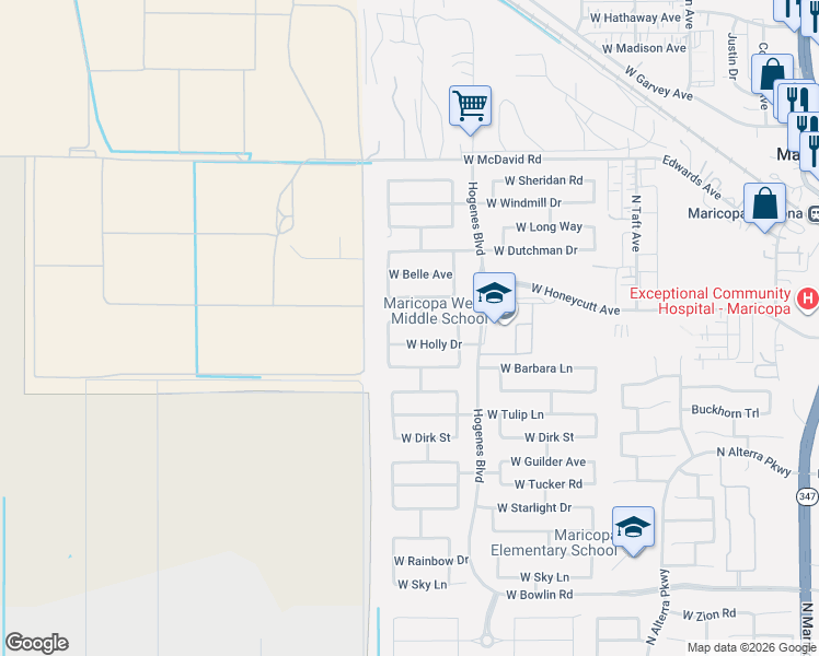 map of restaurants, bars, coffee shops, grocery stores, and more near 46129 Kristina Way in Maricopa