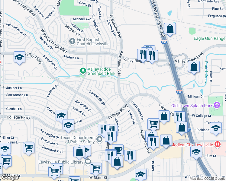 map of restaurants, bars, coffee shops, grocery stores, and more near 812 Summit Pointe in Lewisville