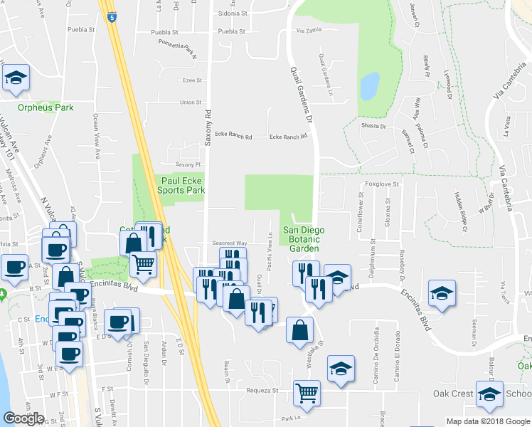 map of restaurants, bars, coffee shops, grocery stores, and more near 268 Pacific View Lane in Encinitas