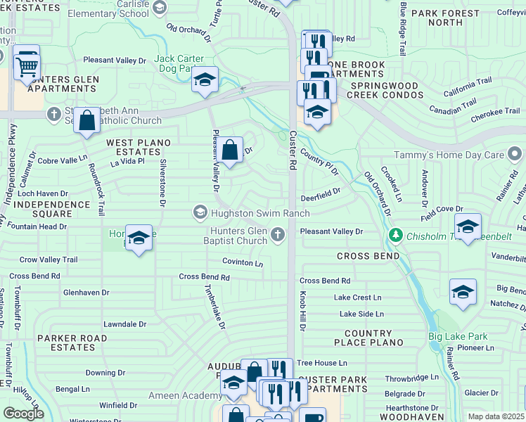 map of restaurants, bars, coffee shops, grocery stores, and more near 2121 Tomahawk Drive in Plano