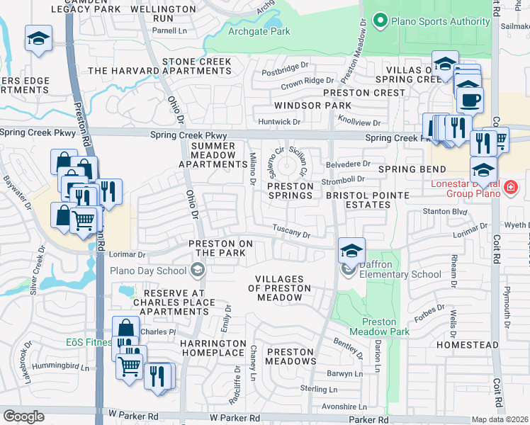 map of restaurants, bars, coffee shops, grocery stores, and more near 4001 Martina Court in Plano