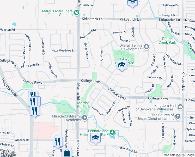 map of restaurants, bars, coffee shops, grocery stores, and more near 1916 College Parkway in Flower Mound