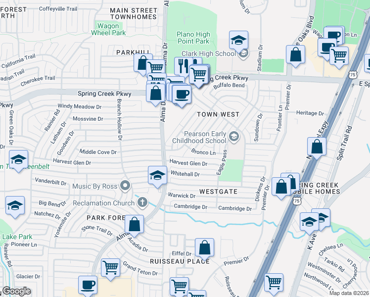 map of restaurants, bars, coffee shops, grocery stores, and more near 800 Middle Cove Drive in Plano