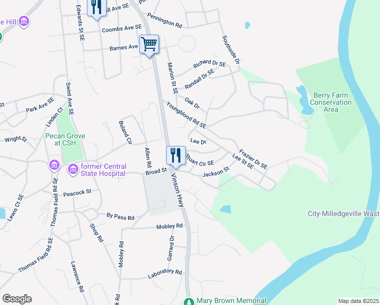 map of restaurants, bars, coffee shops, grocery stores, and more near 130 Stuart Circle Southeast in Milledgeville