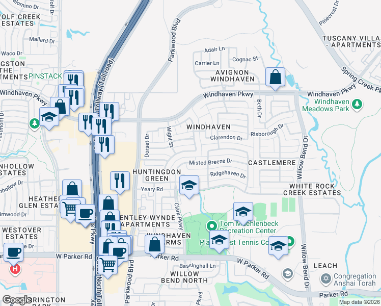 map of restaurants, bars, coffee shops, grocery stores, and more near 4040 Woodwind Drive in Plano