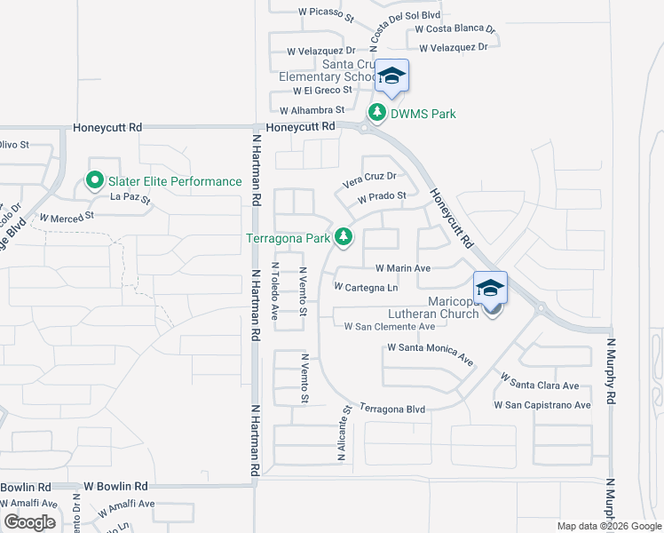 map of restaurants, bars, coffee shops, grocery stores, and more near 19032 North Alicante Street in Maricopa