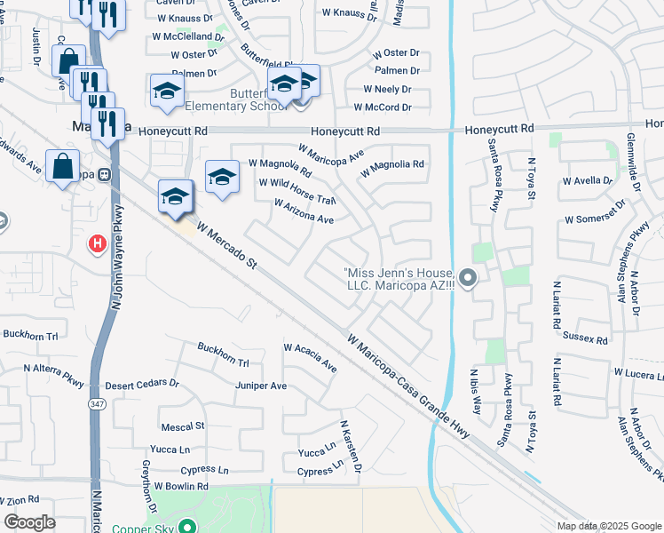 map of restaurants, bars, coffee shops, grocery stores, and more near 43630 West Elizabeth Avenue in Maricopa