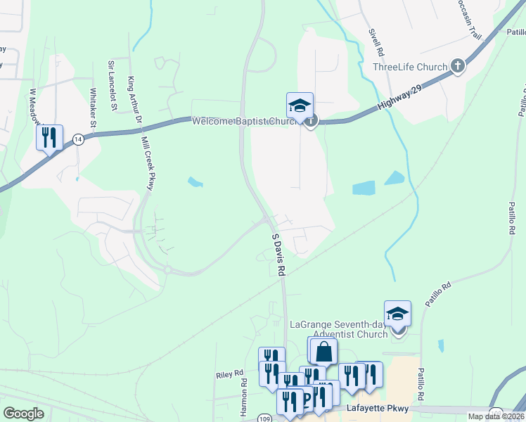 map of restaurants, bars, coffee shops, grocery stores, and more near 185-187 S Davis Rd in LaGrange