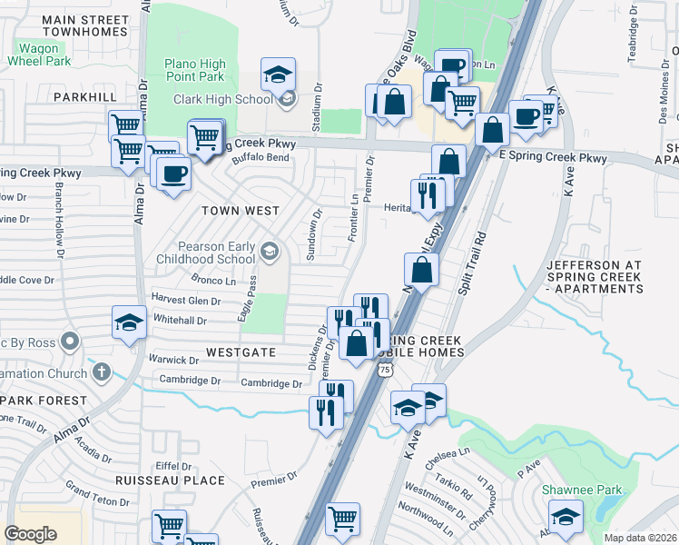 map of restaurants, bars, coffee shops, grocery stores, and more near 504 Tribal Road in Plano