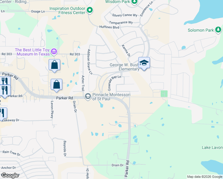 map of restaurants, bars, coffee shops, grocery stores, and more near 1514 Emerald Bay Lane in Wylie