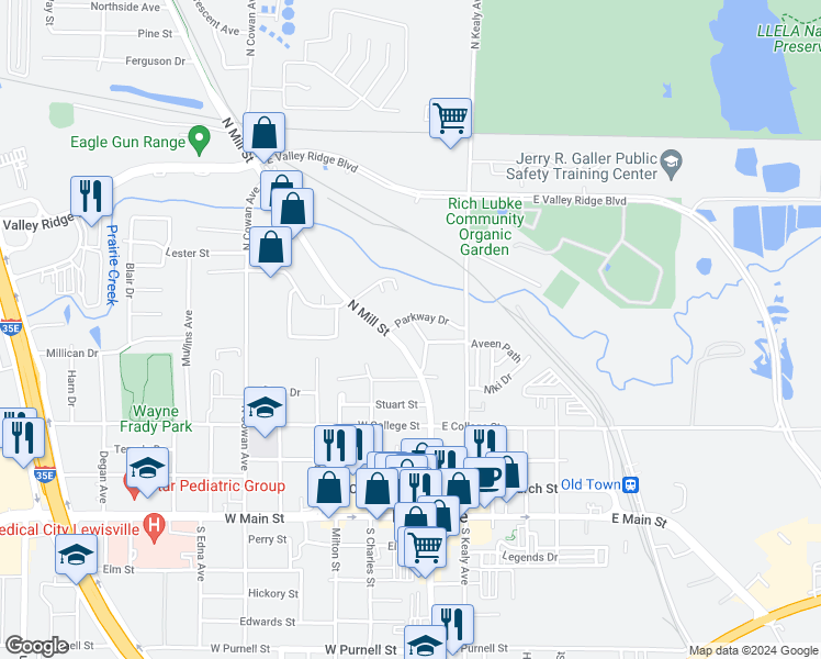 map of restaurants, bars, coffee shops, grocery stores, and more near 661 Greenland Road in Lewisville