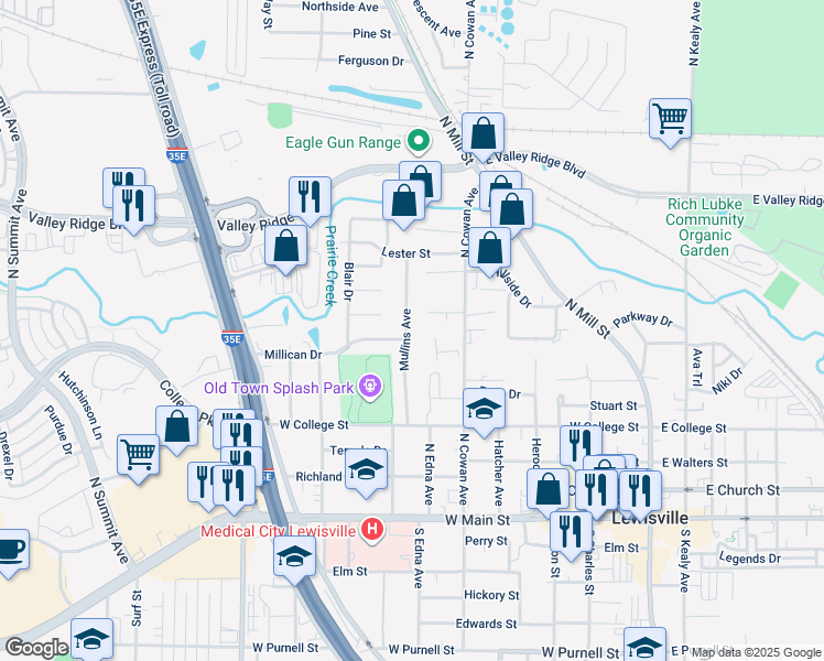 map of restaurants, bars, coffee shops, grocery stores, and more near 620 Mullins Avenue in Lewisville