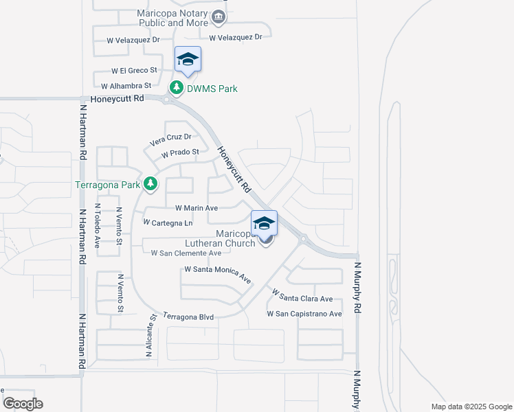 map of restaurants, bars, coffee shops, grocery stores, and more near 19025 North San Pablo Street in Maricopa