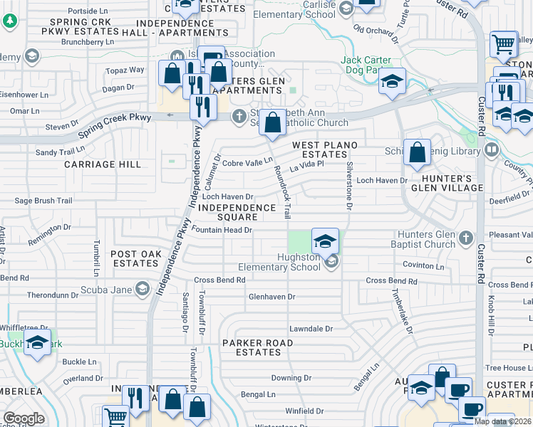 map of restaurants, bars, coffee shops, grocery stores, and more near 2705 Chamberlain Circle in Plano