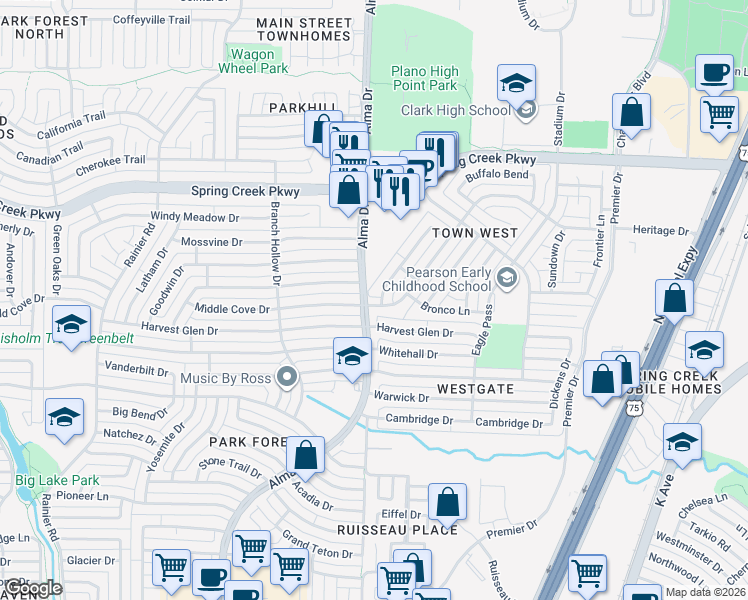 map of restaurants, bars, coffee shops, grocery stores, and more near 4001 Mountain Pass Drive in Plano