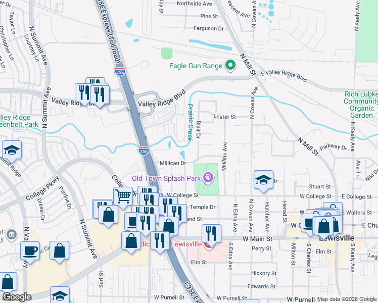map of restaurants, bars, coffee shops, grocery stores, and more near 605 Millican Drive in Lewisville