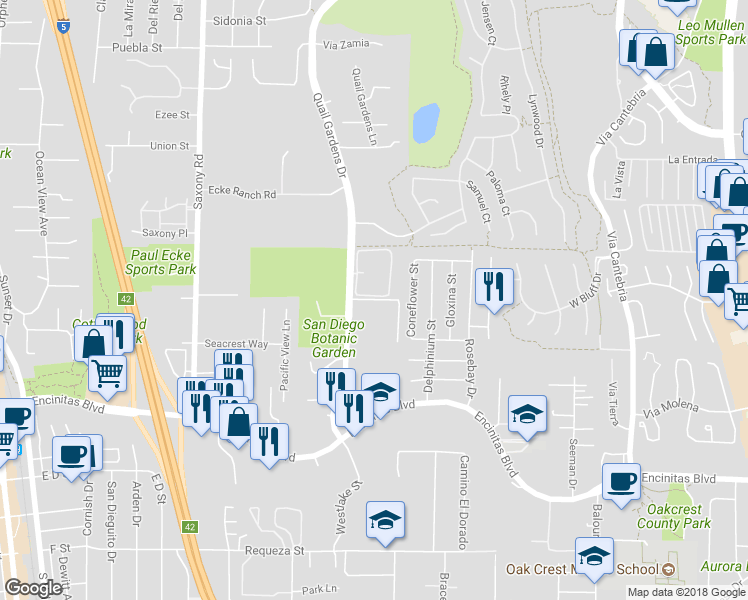 map of restaurants, bars, coffee shops, grocery stores, and more near Mays Hollow Lane in Encinitas