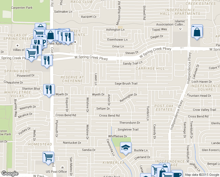 map of restaurants, bars, coffee shops, grocery stores, and more near 3517 Fredmar Ln in Plano