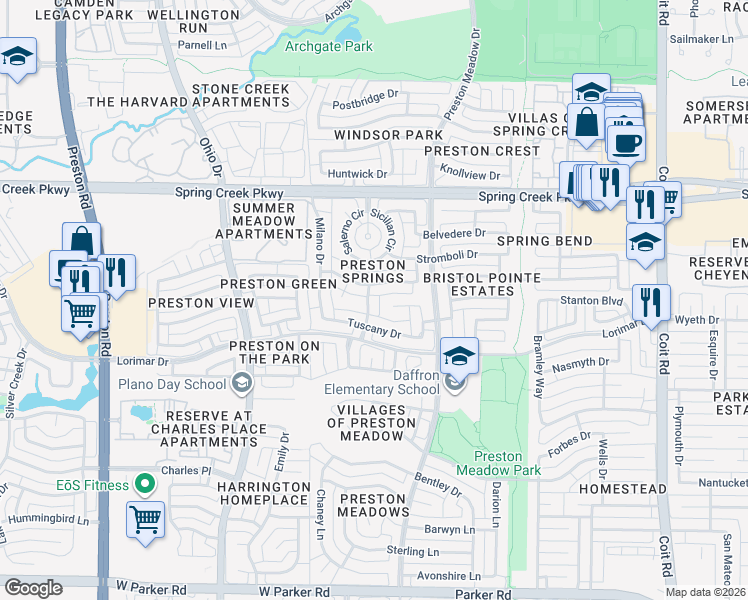 map of restaurants, bars, coffee shops, grocery stores, and more near 4020 Messina Drive in Plano