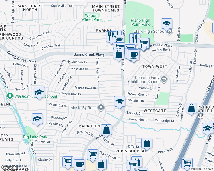 map of restaurants, bars, coffee shops, grocery stores, and more near 937 Middle Cove Drive in Plano