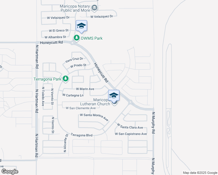 map of restaurants, bars, coffee shops, grocery stores, and more near 19025 North San Pablo Street in Maricopa