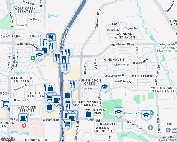 map of restaurants, bars, coffee shops, grocery stores, and more near 5920 Hempstead Drive in Plano