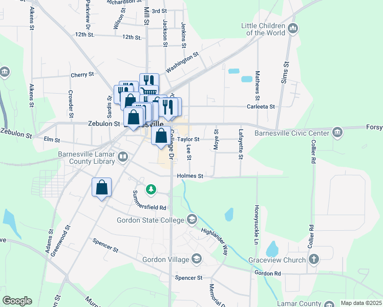 map of restaurants, bars, coffee shops, grocery stores, and more near 322 Lee Street in Barnesville