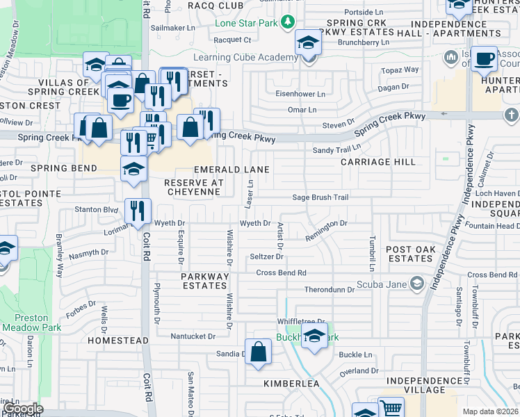map of restaurants, bars, coffee shops, grocery stores, and more near 4033 Fechin Circle in Plano