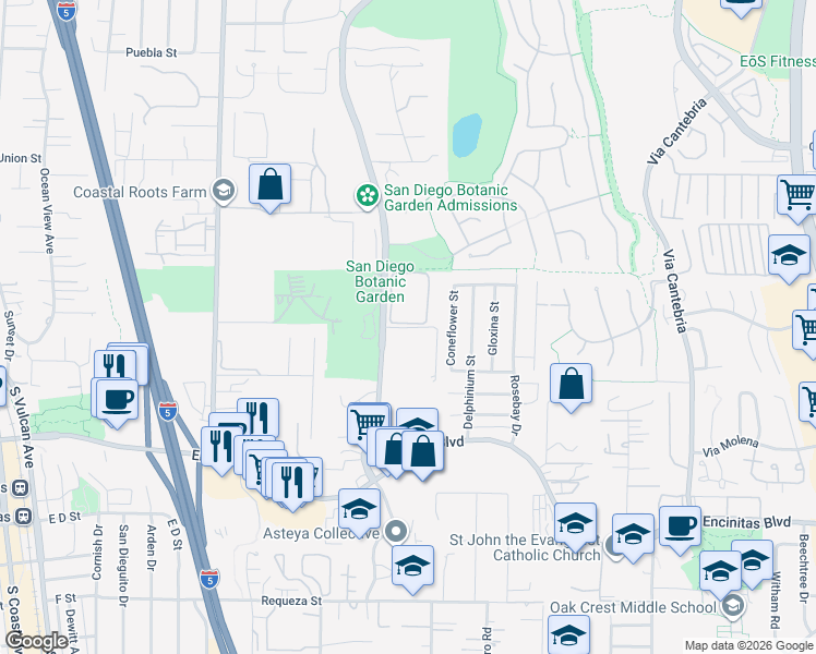 map of restaurants, bars, coffee shops, grocery stores, and more near Mays Hollow Lane in Encinitas