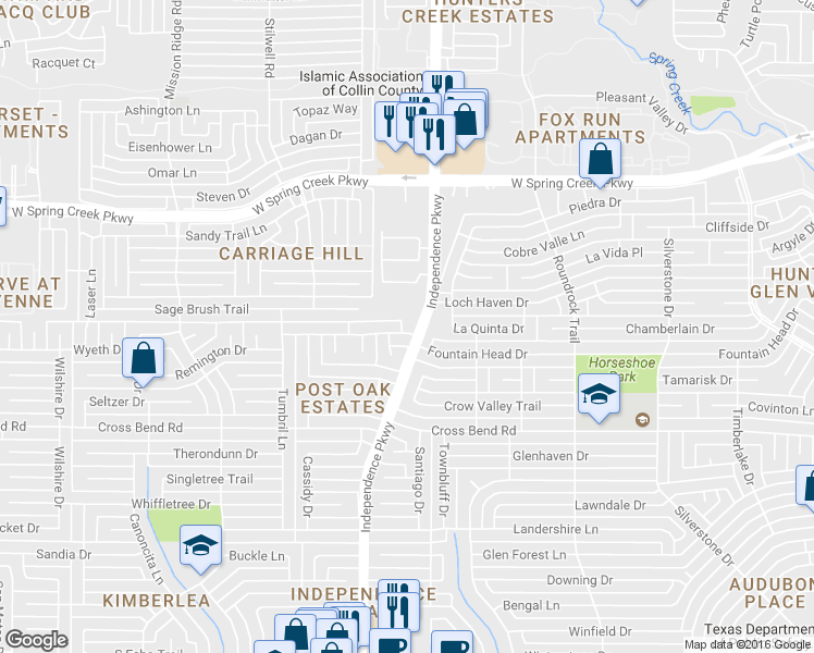 map of restaurants, bars, coffee shops, grocery stores, and more near 3005 Dibrell Drive in Plano