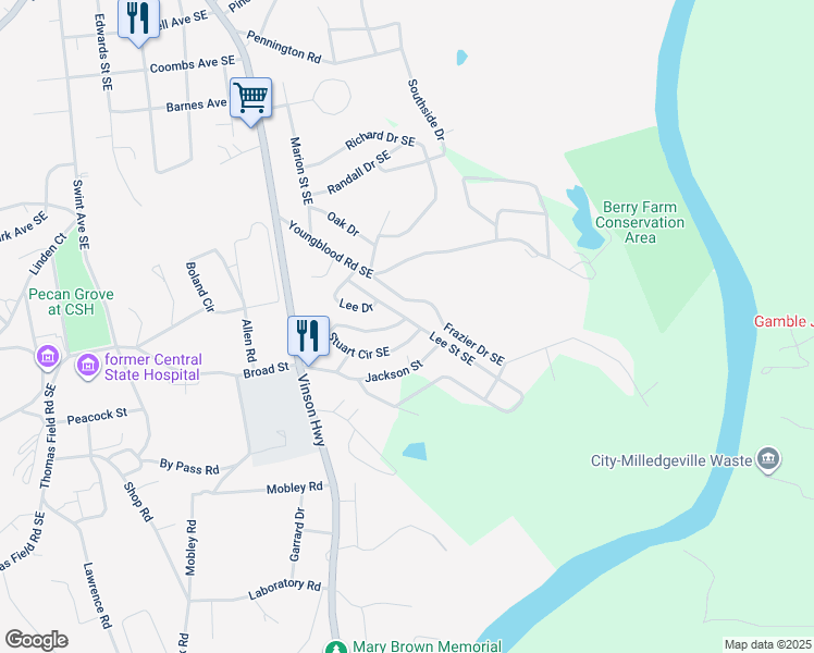 map of restaurants, bars, coffee shops, grocery stores, and more near 129 Lee Street Southeast in Milledgeville