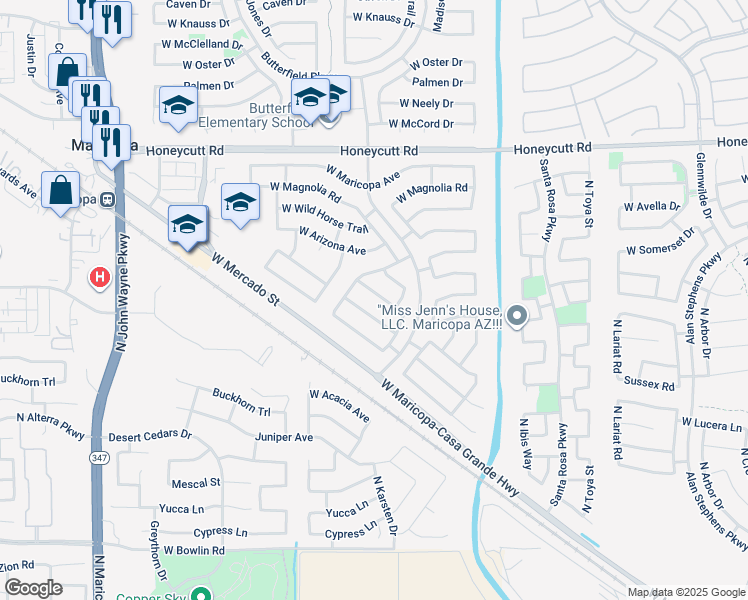 map of restaurants, bars, coffee shops, grocery stores, and more near 43630 West Elizabeth Avenue in Maricopa