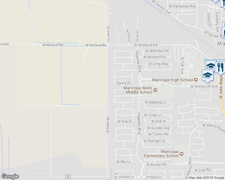 map of restaurants, bars, coffee shops, grocery stores, and more near 19008 Smith Drive in Maricopa