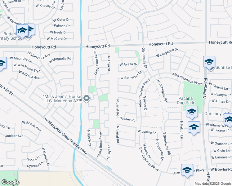 map of restaurants, bars, coffee shops, grocery stores, and more near 19054 North Lariat Road in Maricopa