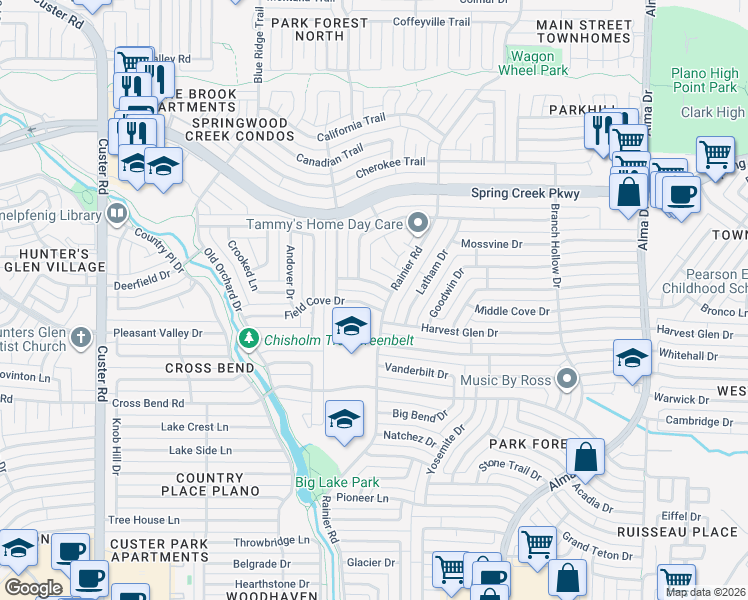 map of restaurants, bars, coffee shops, grocery stores, and more near 1503 Field Cove Drive in Plano